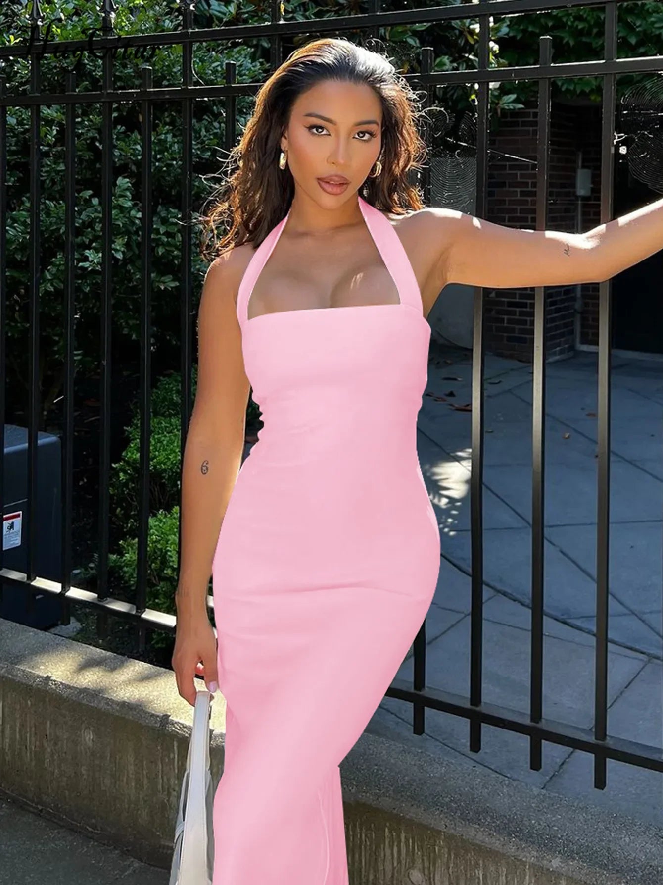 Hugcitar 2025 Elegant Halter Black Backless Sexy Bodycon Maxi Prom Dress Summer Women Y2K Clothes Wedding Birthday Party