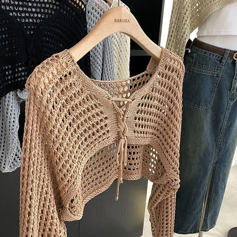 Crochet Crop Tie Front Cardigan Women Long Sleeve Sheer OpenKnit Bolero Shrug Top Summer Beach Bikini Cover Up Y2K Outfit