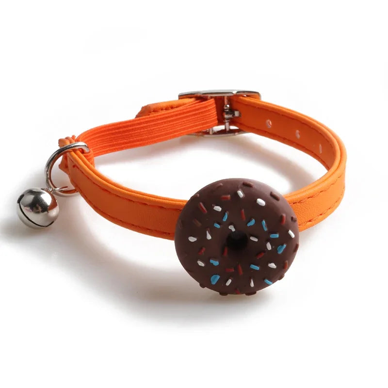 Cute Pet Cat Collar Elastic Strap Safety with Bell kawaii PU Leather Heart Donut Goats Collier Chain Adjustable XS Blue Yellow