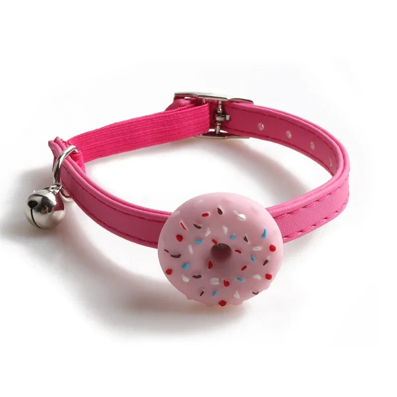 Cute Pet Cat Collar Elastic Strap Safety with Bell kawaii PU Leather Heart Donut Goats Collier Chain Adjustable XS Blue Yellow
