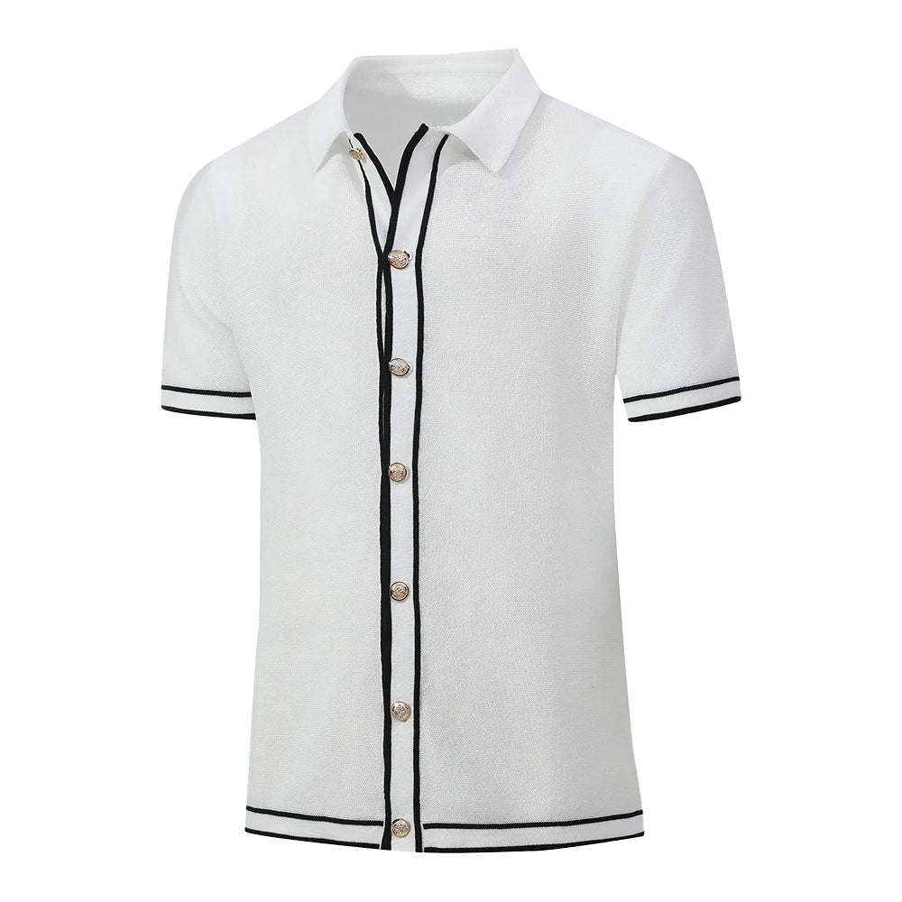 Men's Polo Shirts 2025 Summer Mens Retro Knit Lapel Striped Brand Fashion Short-Sleeved Casual Slim Tops US Size