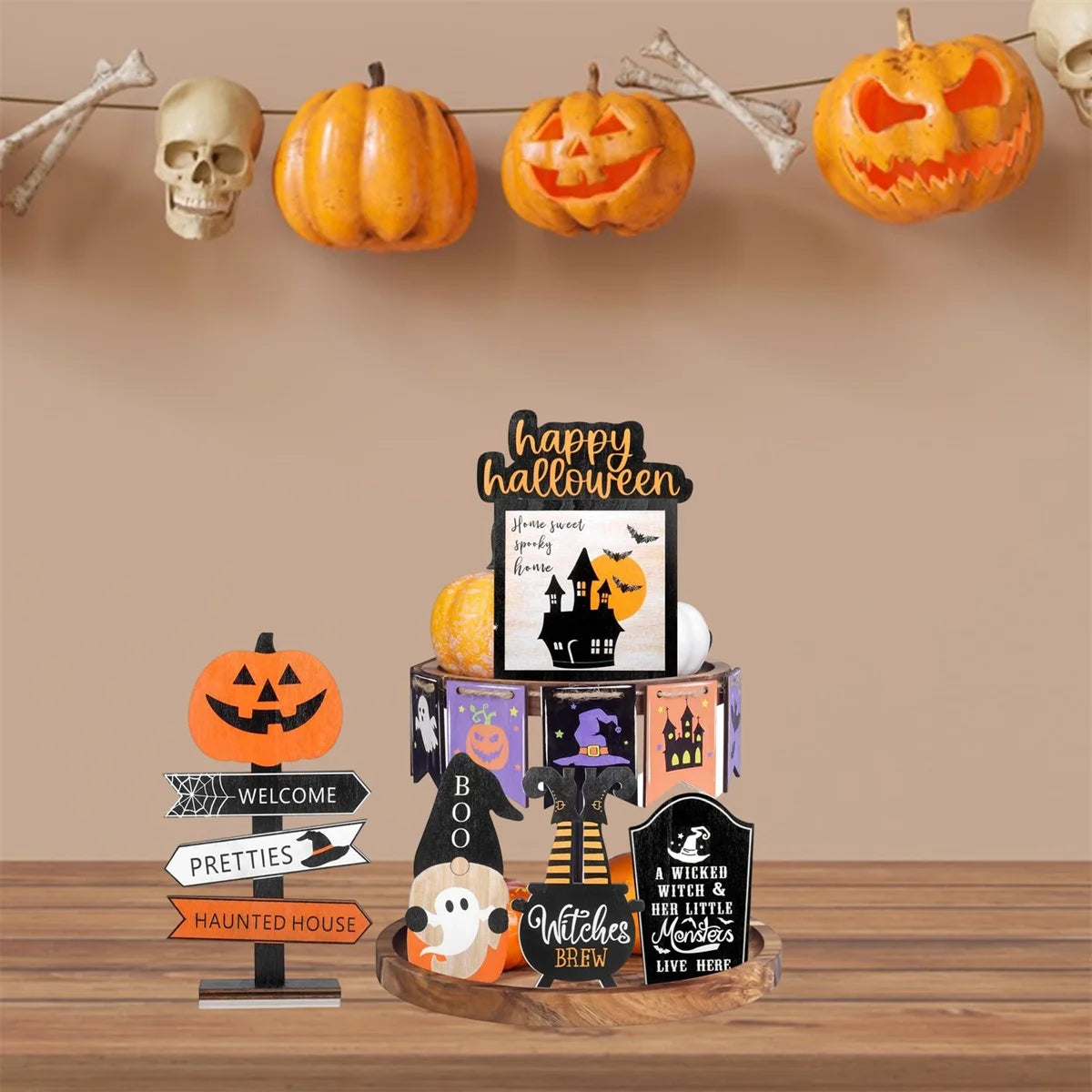 Spooky Halloween Tiered Tray Decor Set with Wooden Pumpkin and Bat Table Signs for Festive Home Party Table Display