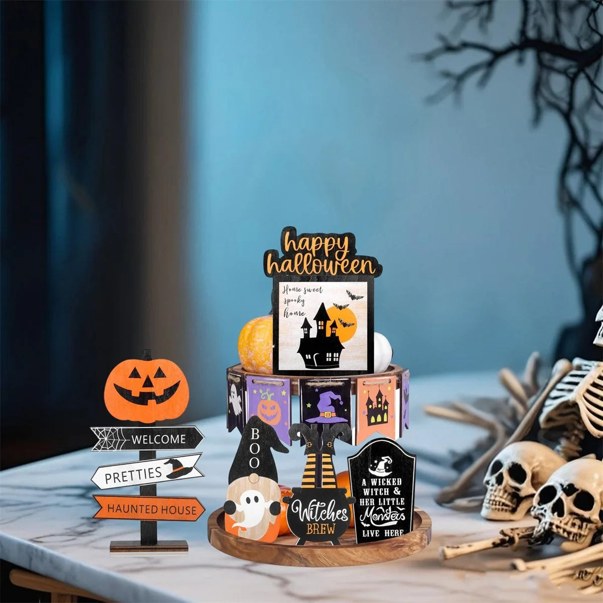 Spooky Halloween Tiered Tray Decor Set with Wooden Pumpkin and Bat Table Signs for Festive Home Party Table Display