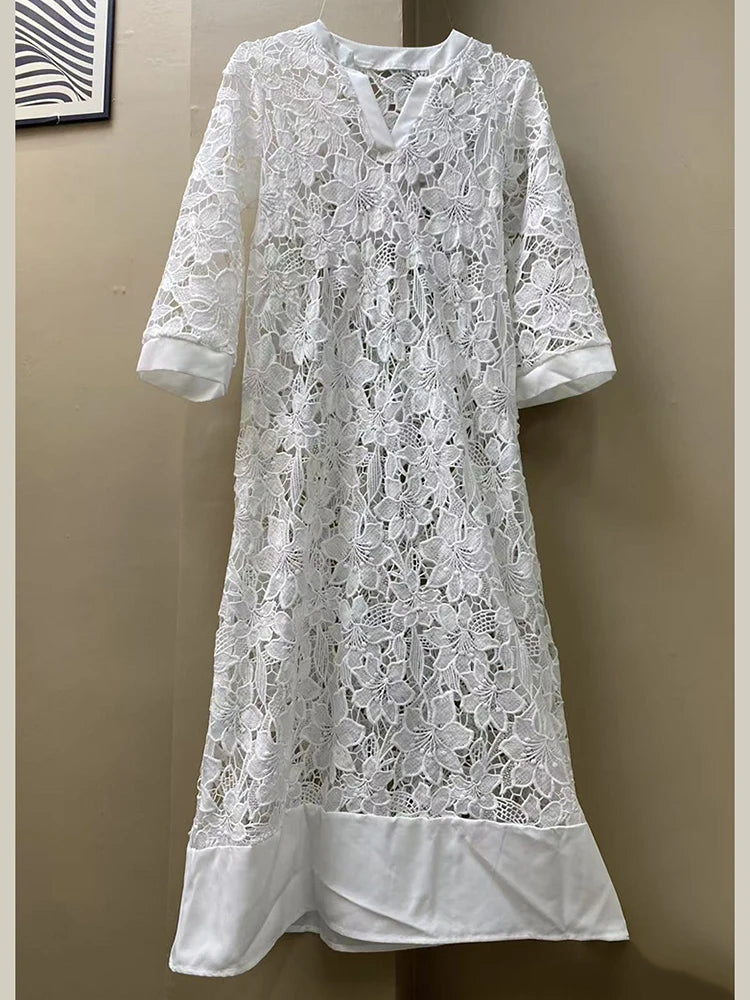White Embroidery Lace Dress Women Spring Sexy V Neck Hollow Out Party Dress New Boho Loose Long Dress Holiday