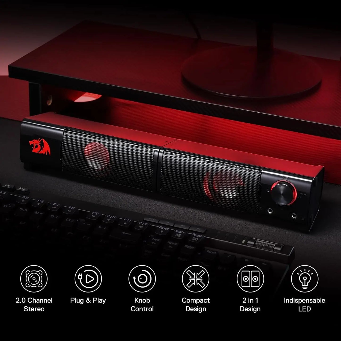 Redragon GS550 PC Gaming Speakers 2.0 Channel Desktop Computer Sound Bar Quality Bass & Decent Red Backlit