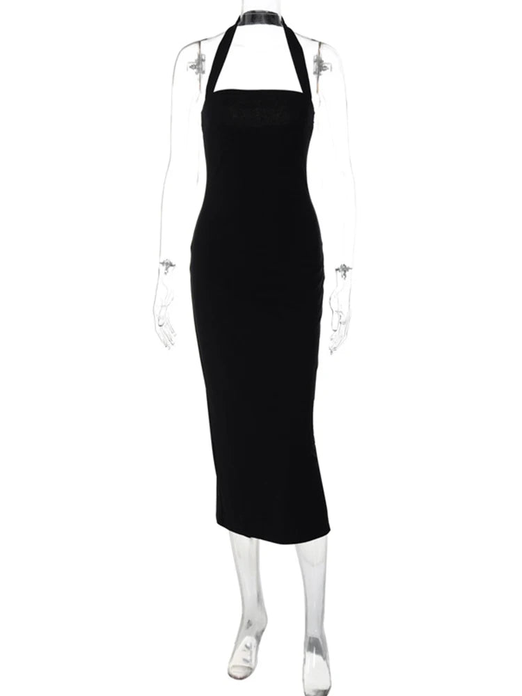 Hugcitar 2025 Elegant Halter Black Backless Sexy Bodycon Maxi Prom Dress Summer Women Y2K Clothes Wedding Birthday Party