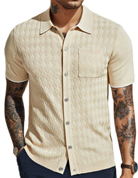 Men's Short Sleeve Casual Knit Textured Button-Down Polo Shirt With Pockets