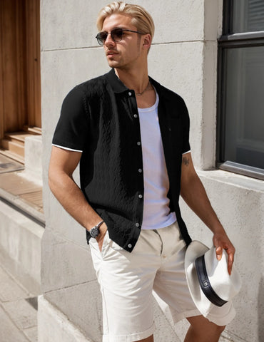 Men's Short Sleeve Casual Knit Textured Button-Down Polo Shirt With Pockets