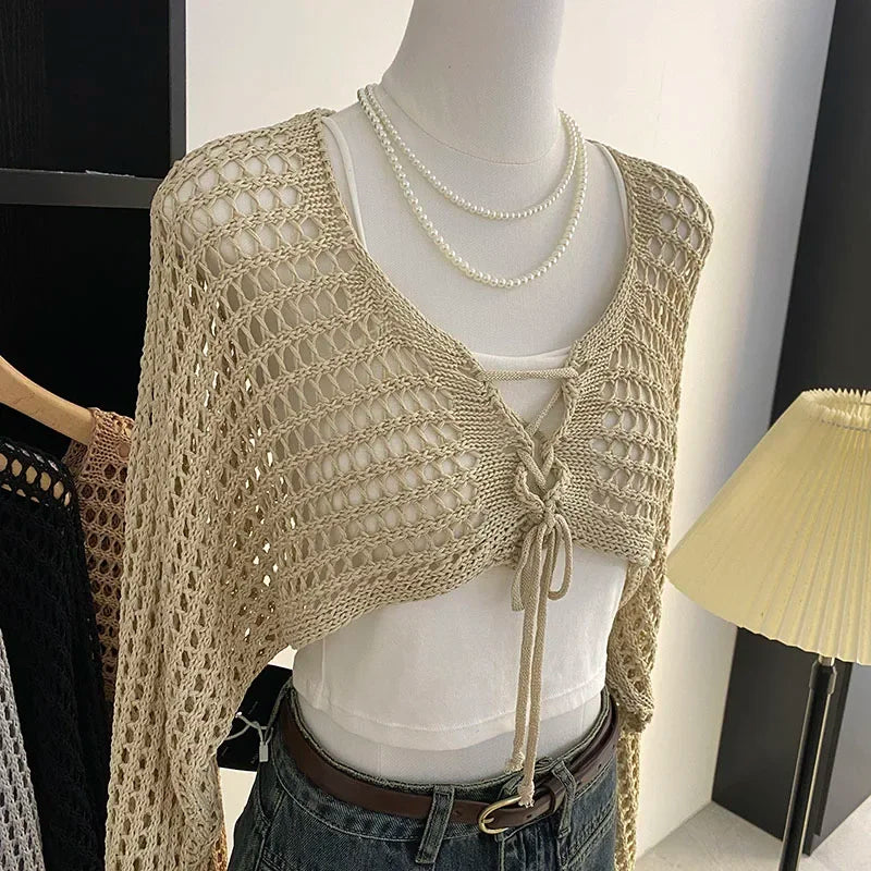 Crochet Crop Tie Front Cardigan Women Long Sleeve Sheer OpenKnit Bolero Shrug Top Summer Beach Bikini Cover Up Y2K Outfit