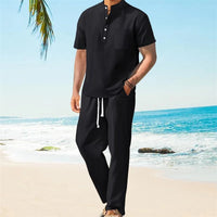 Men s Casual 2 Piece Outfit Short Sleeve Henley Tops with Drawstring Pants Loose Solid Color Set for a Stylish Look