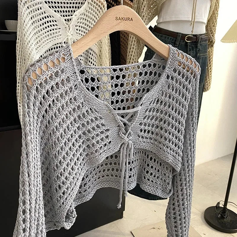 Crochet Crop Tie Front Cardigan Women Long Sleeve Sheer OpenKnit Bolero Shrug Top Summer Beach Bikini Cover Up Y2K Outfit