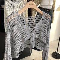 Crochet Crop Tie Front Cardigan Women Long Sleeve Sheer OpenKnit Bolero Shrug Top Summer Beach Bikini Cover Up Y2K Outfit