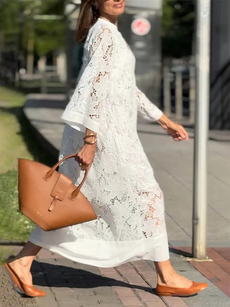 White Embroidery Lace Dress Women Spring Sexy V Neck Hollow Out Party Dress New Boho Loose Long Dress Holiday
