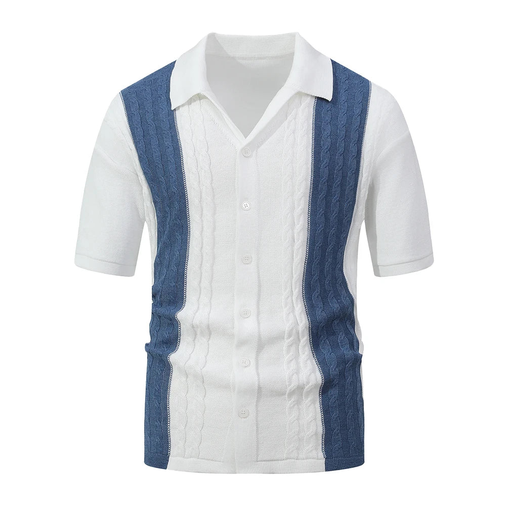 Men's Short Sleeve Summer Knit Lapel Striped Polo Shirt Fashion Light Luxury Popular Knitwear Breathable Top US Size