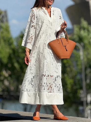 White Embroidery Lace Dress Women Spring Sexy V Neck Hollow Out Party Dress New Boho Loose Long Dress Holiday