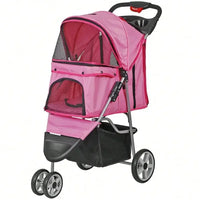 Foldable 3 Wheels Pet Stroller Dog Cat Cage Jogger Stroller with Cup Holder Pink