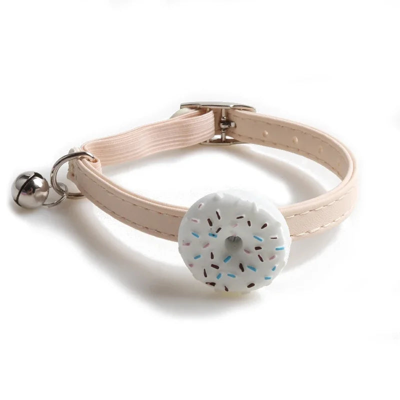 Cute Pet Cat Collar Elastic Strap Safety with Bell kawaii PU Leather Heart Donut Goats Collier Chain Adjustable XS Blue Yellow