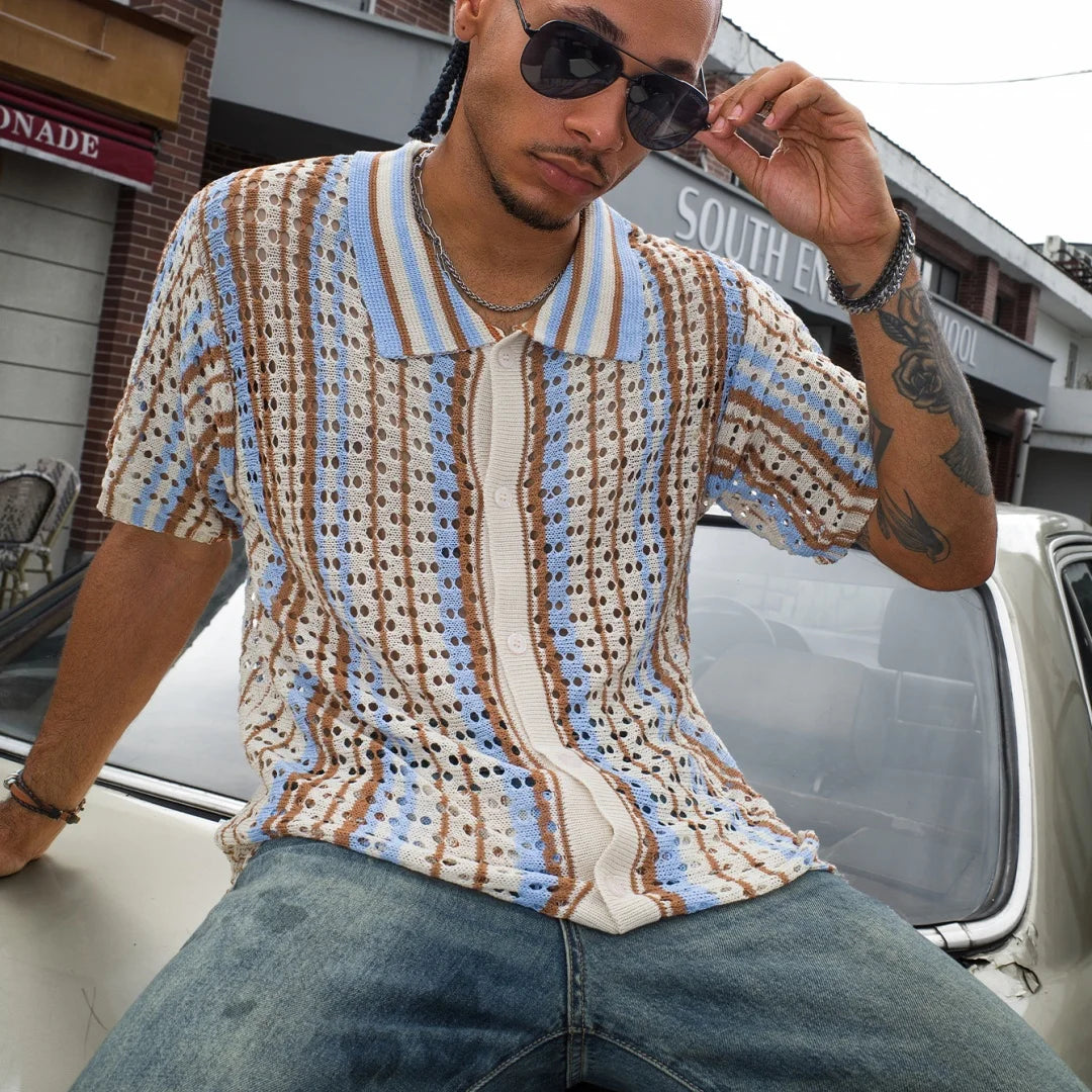 Men's Short Sleeve Summer Breathable Fashion Mesh Cardigan Lapel Top Color Stripes Soft Light Polo Knitwear US Size