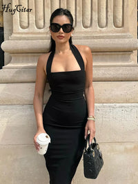 Hugcitar 2025 Elegant Halter Black Backless Sexy Bodycon Maxi Prom Dress Summer Women Y2K Clothes Wedding Birthday Party