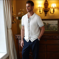 Men's Polo Shirts 2025 Summer Mens Retro Knit Lapel Striped Brand Fashion Short-Sleeved Casual Slim Tops US Size