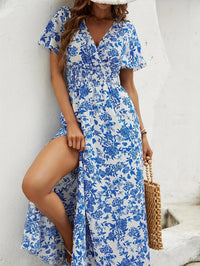 2025 Spring/Summer New Women's Blue Comfortable and Casual Beach Skirt Bohemian Print Fashion Sexy V-neck Short Sleeve Dress