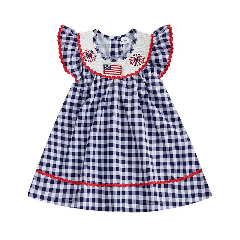 Independence Day Toddler Girl Dress with Plaid Design American Flag Embroidery Loose Fit and Smocked Crew Neck for a