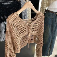 Crochet Crop Tie Front Cardigan Women Long Sleeve Sheer OpenKnit Bolero Shrug Top Summer Beach Bikini Cover Up Y2K Outfit