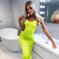 Neon Satin Lace Up Women's Long Midi Dress Light Pink Bodycon Backless Elegant Party Sexy Club Clothes 2022 Summer Dinner Outfit
