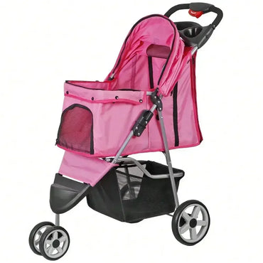 Foldable 3 Wheels Pet Stroller Dog Cat Cage Jogger Stroller with Cup Holder Pink