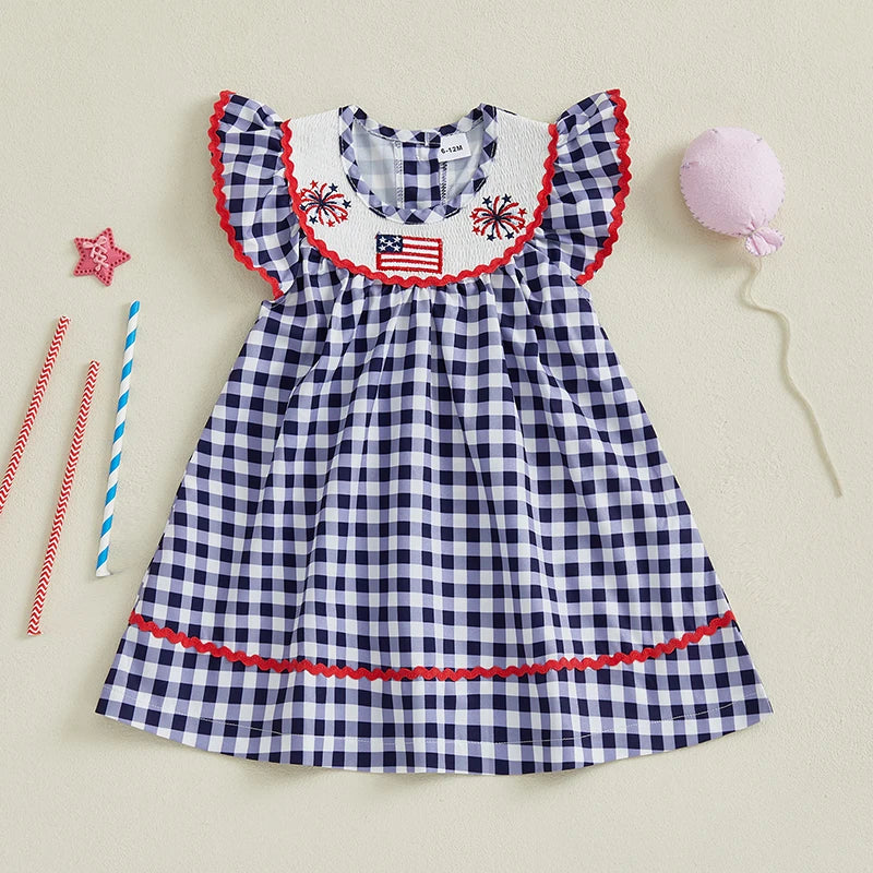 Independence Day Toddler Girl Dress with Plaid Design American Flag Embroidery Loose Fit and Smocked Crew Neck for a