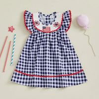 Independence Day Toddler Girl Dress with Plaid Design American Flag Embroidery Loose Fit and Smocked Crew Neck for a