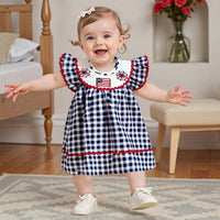 Independence Day Toddler Girl Dress with Plaid Design American Flag Embroidery Loose Fit and Smocked Crew Neck for a