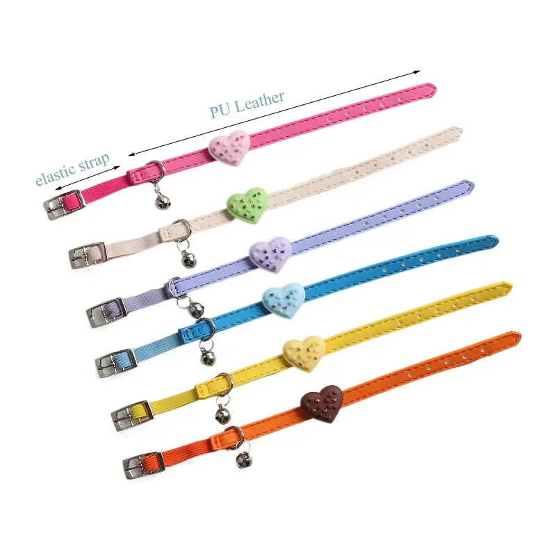 Cute Pet Cat Collar Elastic Strap Safety with Bell kawaii PU Leather Heart Donut Goats Collier Chain Adjustable XS Blue Yellow