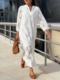 White Embroidery Lace Dress Women Spring Sexy V Neck Hollow Out Party Dress New Boho Loose Long Dress Holiday
