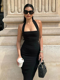 Hugcitar 2025 Elegant Halter Black Backless Sexy Bodycon Maxi Prom Dress Summer Women Y2K Clothes Wedding Birthday Party