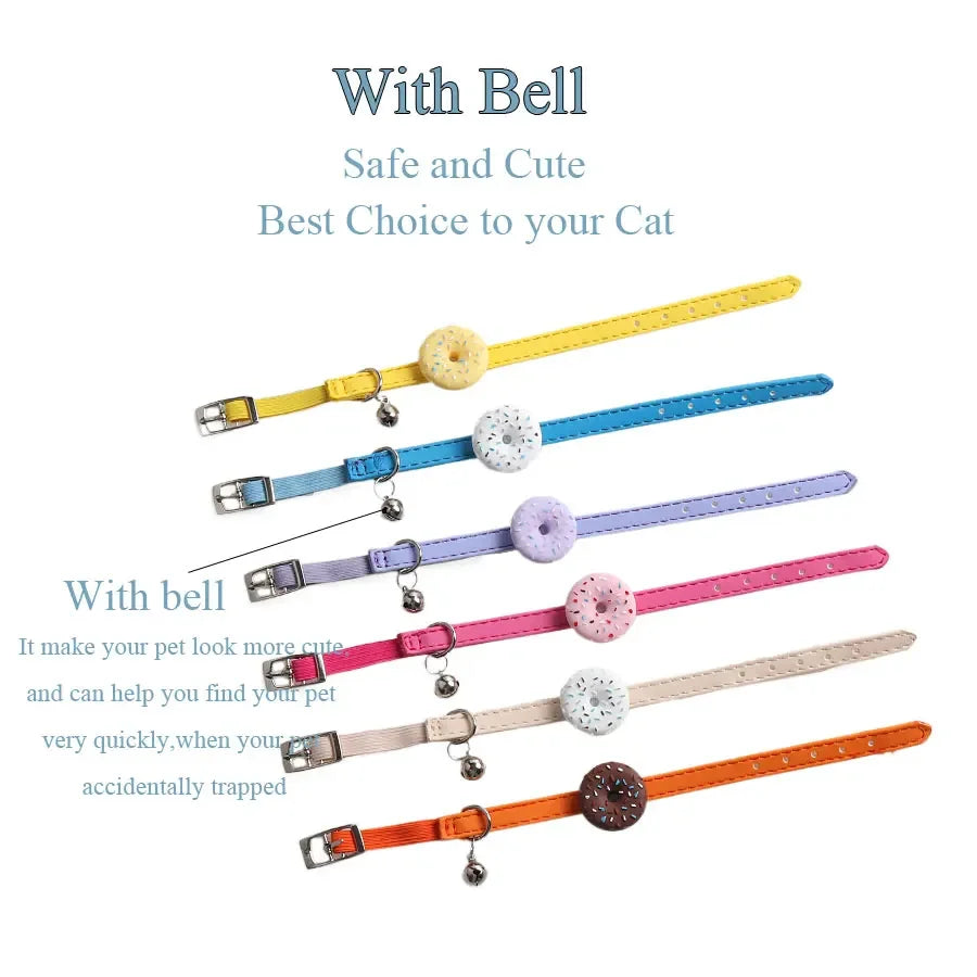 Cute Pet Cat Collar Elastic Strap Safety with Bell kawaii PU Leather Heart Donut Goats Collier Chain Adjustable XS Blue Yellow