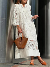 White Embroidery Lace Dress Women Spring Sexy V Neck Hollow Out Party Dress New Boho Loose Long Dress Holiday