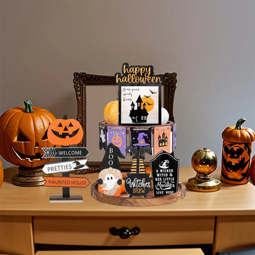 Spooky Halloween Tiered Tray Decor Set with Wooden Pumpkin and Bat Table Signs for Festive Home Party Table Display