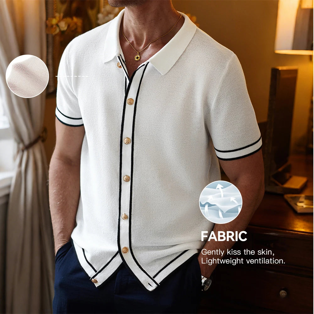 Men's Polo Shirts 2025 Summer Mens Retro Knit Lapel Striped Brand Fashion Short-Sleeved Casual Slim Tops US Size