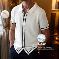 Men's Polo Shirts 2025 Summer Mens Retro Knit Lapel Striped Brand Fashion Short-Sleeved Casual Slim Tops US Size