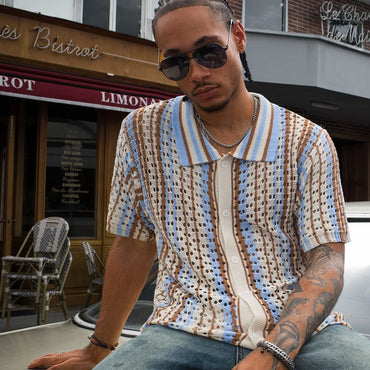 Men's Short Sleeve Summer Breathable Fashion Mesh Cardigan Lapel Top Color Stripes Soft Light Polo Knitwear US Size