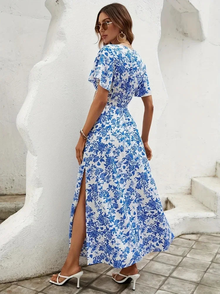 2025 Spring/Summer New Women's Blue Comfortable and Casual Beach Skirt Bohemian Print Fashion Sexy V-neck Short Sleeve Dress