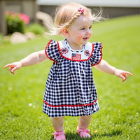 Independence Day Toddler Girl Dress with Plaid Design American Flag Embroidery Loose Fit and Smocked Crew Neck for a