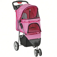 Foldable 3 Wheels Pet Stroller Dog Cat Cage Jogger Stroller with Cup Holder Pink