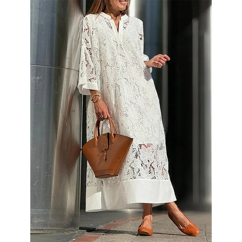 White Embroidery Lace Dress Women Spring Sexy V Neck Hollow Out Party Dress New Boho Loose Long Dress Holiday