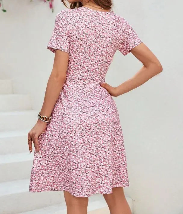 Floral Print Mini Dress Short Sleeve Midi Skirt Women's Fashion Spring Summer V Neck Polyester Fiber Regular Waistline Dress