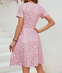 Floral Print Mini Dress Short Sleeve Midi Skirt Women's Fashion Spring Summer V Neck Polyester Fiber Regular Waistline Dress