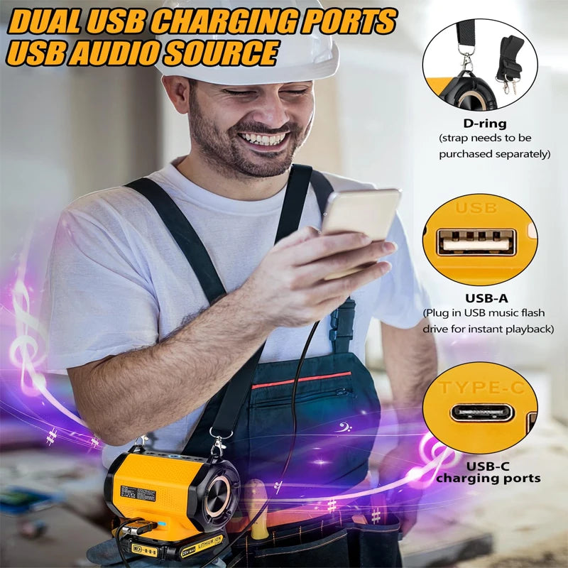 30W Cordless Speaker Bluetooth Player Loudspeaker Amplifier for Dewalt 18V 20V Li-ion Battery Jobsites, Home and Party