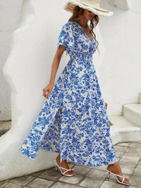 2025 Spring/Summer New Women's Blue Comfortable and Casual Beach Skirt Bohemian Print Fashion Sexy V-neck Short Sleeve Dress