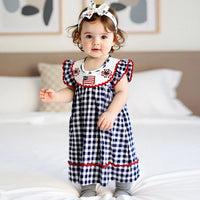 Independence Day Toddler Girl Dress with Plaid Design American Flag Embroidery Loose Fit and Smocked Crew Neck for a